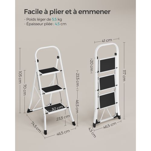 Marchepied 3 Marches Pliable, Verrou De Sécurité, Facile à Ranger, Charge 150 Kg, Blanc Nuage