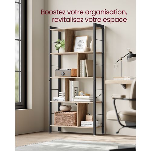 Bibliothèque Ouverte, Grande, Structure Métallique, Style Industriel, Marron Camel Et Noir D'encre