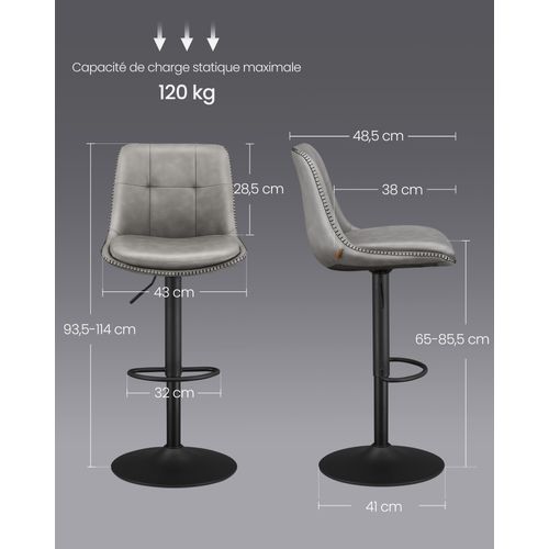 Tabourets De Bar, Lot De 2, Siège Pivotant à Hauteur Réglable, Avec Repose-pieds, Gris Tourterelle