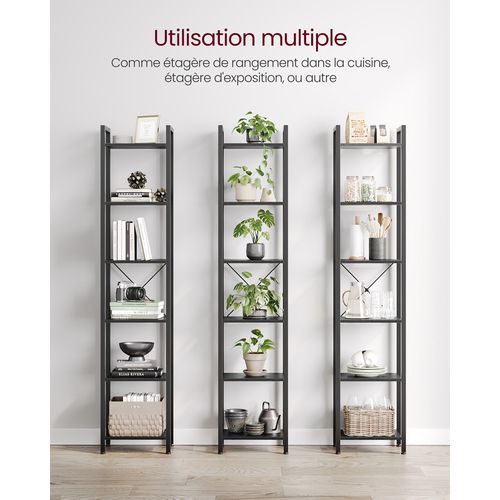 Étagère 6 Niveaux, Bibliothèque, 30 X 40 X 187,5 Cm, Style Industriel, Noir Boisé Et Noir