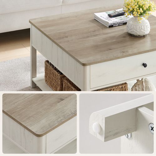 Table Basse, 2 Grands Tiroirs, Avec Pieds, Style Bord De Mer, 80 X 80 X 45 Cm, Grège Chiné Et Blanc