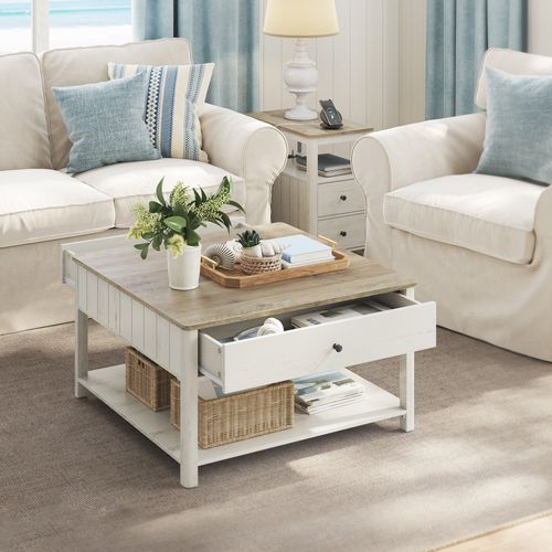 Table Basse, 2 Grands Tiroirs, Avec Pieds, Style Bord De Mer, 80 X 80 X 45 Cm, Grège Chiné Et Blanc