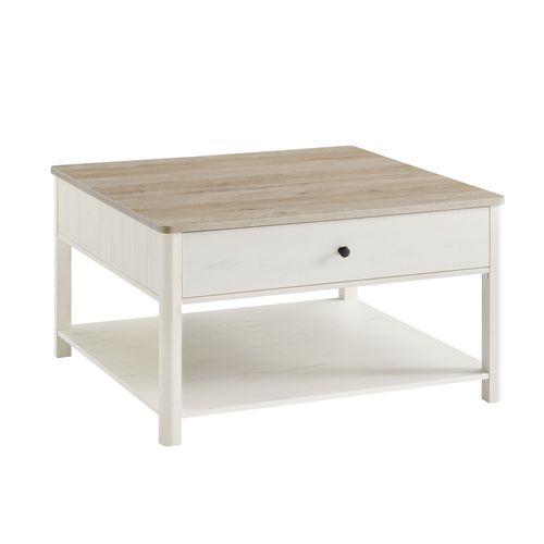 Table Basse, 2 Grands Tiroirs, Avec Pieds, Style Bord De Mer, 80 X 80 X 45 Cm, Grège Chiné Et Blanc
