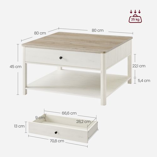 Table Basse, 2 Grands Tiroirs, Avec Pieds, Style Bord De Mer, 80 X 80 X 45 Cm, Grège Chiné Et Blanc