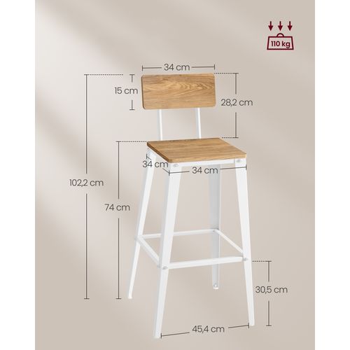 Tabouret Bar Industriel, Lot De 2, Avec Dossier, Cadre En Acier, Marron Blé Et Blanc Nuage
