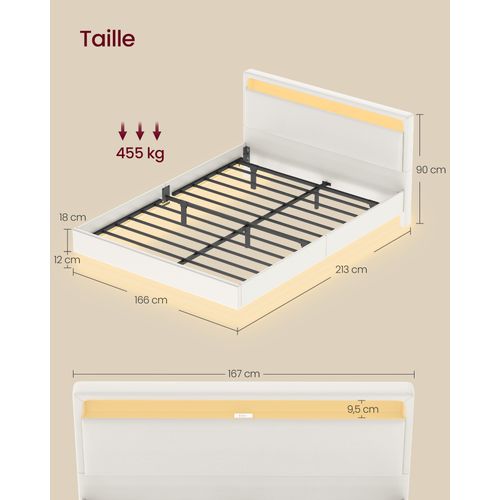 Lit Double, 160 X 200 Cm, Lit Flottant, Lit Avec Éclairage LED, Tête De Lit Haute, Multiprise, Blanc