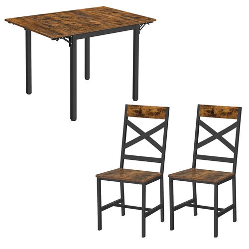 Ensemble De Table Extensible Et 2 Chaises, Table Pliante, Avec Abattants, Marron Rustique Et Noir