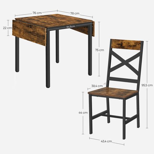 Ensemble De Table Extensible Et 2 Chaises, Table Pliante, Avec Abattants, Marron Rustique Et Noir