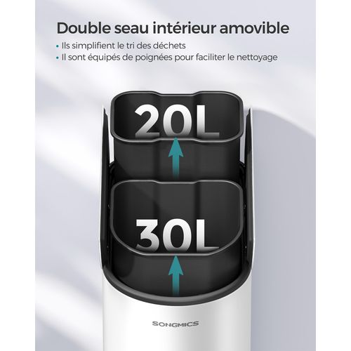 Poubelle De Cuisine Double, 30l Et 20l, 2 Compartiments, Pédales, Blanc Nuage Et Argent Métallique