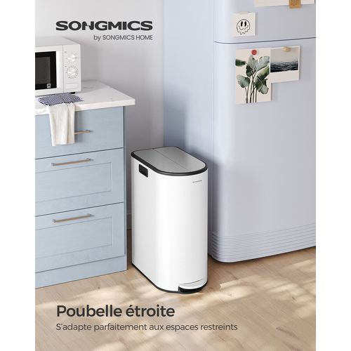 Poubelle De Cuisine Double, 30l Et 20l, 2 Compartiments, Pédales, Blanc Nuage Et Argent Métallique