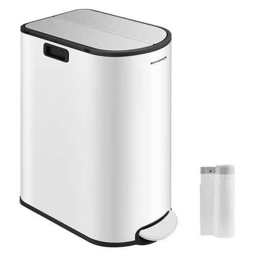 Poubelle De Cuisine Double, 30l Et 20l, 2 Compartiments, Pédales, Blanc Nuage Et Argent Métallique
