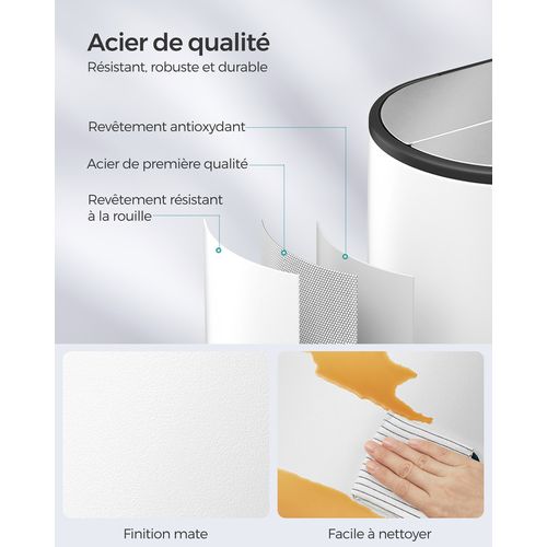 Poubelle De Cuisine Double, 30l Et 20l, 2 Compartiments, Pédales, Blanc Nuage Et Argent Métallique