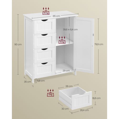 Meuble Salle De Bain Avec 4 Tiroirs, Placard Avec Porte, Étagère Réglable, Blanc Nuage