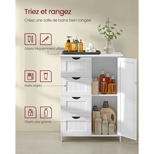 Meuble Salle De Bain Avec 4 Tiroirs, Placard Avec Porte, Étagère Réglable, Blanc Nuage