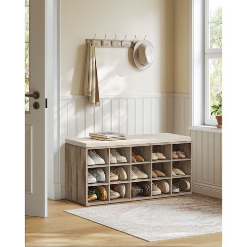 Banc à Chaussures, Assise Rembourrée 15 Compartiments, Capacité De Charge 200 Kg, Marron