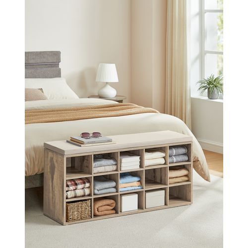 Banc à Chaussures, Assise Rembourrée 15 Compartiments, Capacité De Charge 200 Kg, Marron