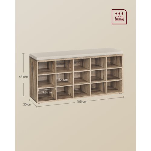 Banc à Chaussures, Assise Rembourrée 15 Compartiments, Capacité De Charge 200 Kg, Marron