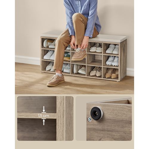Banc à Chaussures, Assise Rembourrée 15 Compartiments, Capacité De Charge 200 Kg, Marron