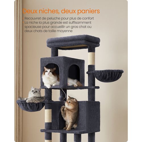 Grand Arbre à Chat, Hauteur 175 Cm, Avec 2 Niches, 2 Paniers, 5 Griffoirs, Hamac, Gris Foncé