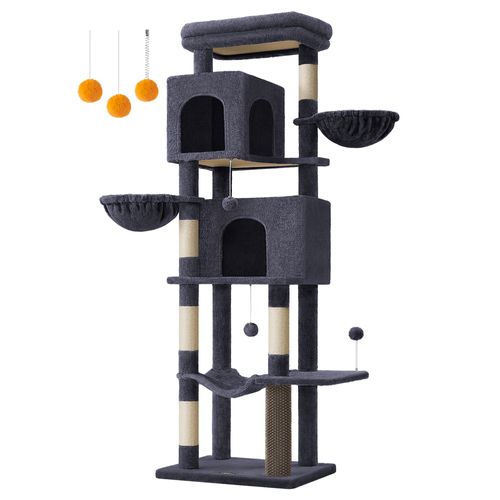Grand Arbre à Chat, Hauteur 175 Cm, Avec 2 Niches, 2 Paniers, 5 Griffoirs, Hamac, Gris Foncé
