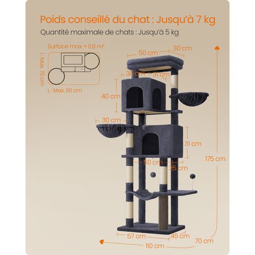 Grand Arbre à Chat, Hauteur 175 Cm, Avec 2 Niches, 2 Paniers, 5 Griffoirs, Hamac, Gris Foncé