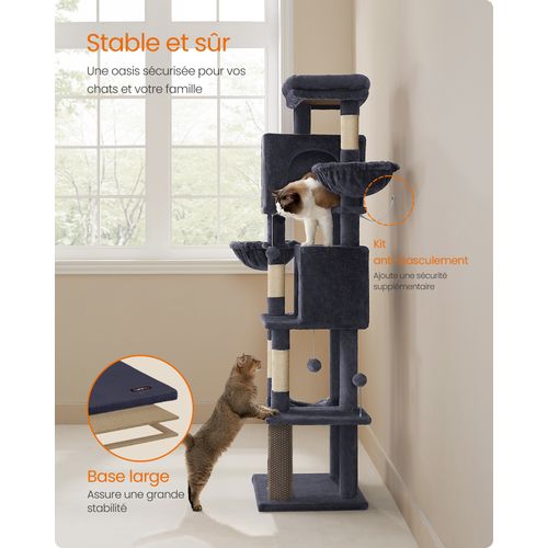 Grand Arbre à Chat, Hauteur 175 Cm, Avec 2 Niches, 2 Paniers, 5 Griffoirs, Hamac, Gris Foncé