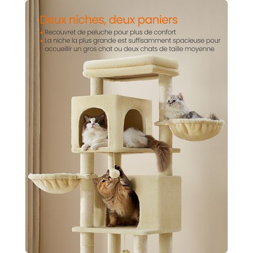 Grand Arbre à Chat, Hauteur 175 Cm, Avec 2 Niches, 2 Paniers, 5 Griffoirs, Hamac, Beige Sable