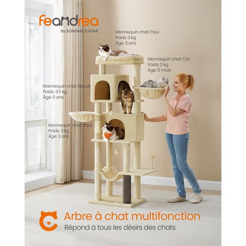 Grand Arbre à Chat, Hauteur 175 Cm, Avec 2 Niches, 2 Paniers, 5 Griffoirs, Hamac, Beige Sable