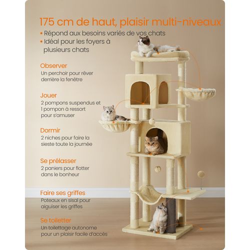 Grand Arbre à Chat, Hauteur 175 Cm, Avec 2 Niches, 2 Paniers, 5 Griffoirs, Hamac, Beige Sable
