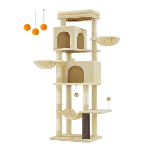 Grand Arbre à Chat, Hauteur 175 Cm, Avec 2 Niches, 2 Paniers, 5 Griffoirs, Hamac, Beige Sable