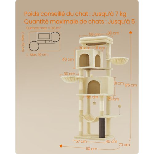 Grand Arbre à Chat, Hauteur 175 Cm, Avec 2 Niches, 2 Paniers, 5 Griffoirs, Hamac, Beige Sable