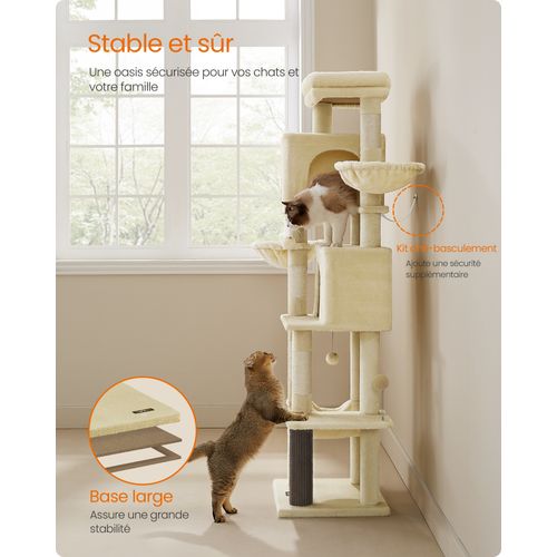 Grand Arbre à Chat, Hauteur 175 Cm, Avec 2 Niches, 2 Paniers, 5 Griffoirs, Hamac, Beige Sable