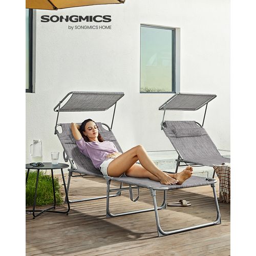 Bain De Soleil Grand, Pliable, 71 X 200 X 38 Cm, Avec Pare-soleil, Dossier Inclinable, Grège
