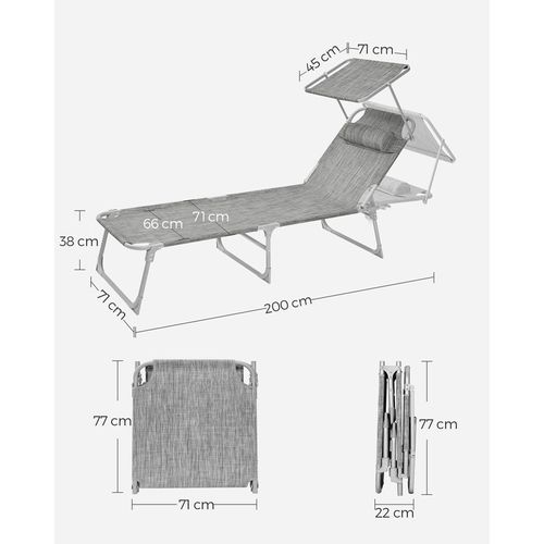 Bain De Soleil Grand, Pliable, 71 X 200 X 38 Cm, Avec Pare-soleil, Dossier Inclinable, Grège