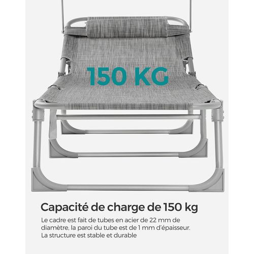 Bain De Soleil Grand, Pliable, 71 X 200 X 38 Cm, Avec Pare-soleil, Dossier Inclinable, Grège