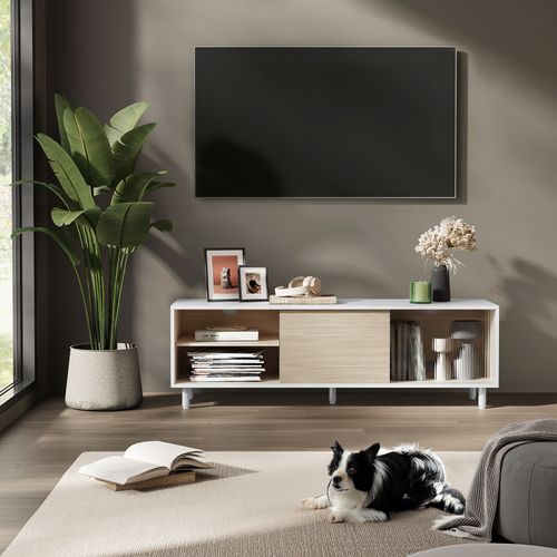 Meuble TV Pour TV Jusqu'à 60 Pouces, Montage Rapide Toolless, 140 X 39 X 45 Cm, Blanc Et Beige