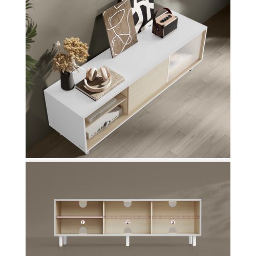 Meuble TV Pour TV Jusqu'à 60 Pouces, Montage Rapide Toolless, 140 X 39 X 45 Cm, Blanc Et Beige