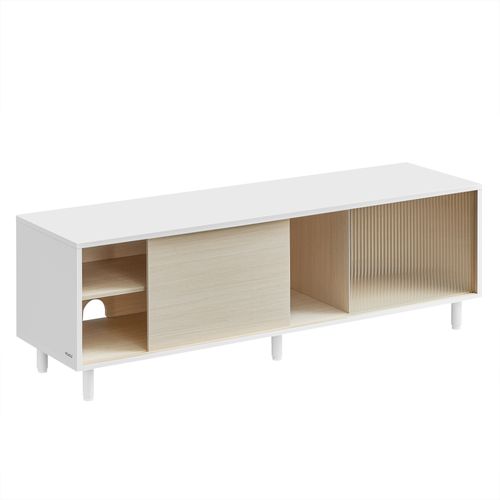 Meuble TV Pour TV Jusqu'à 60 Pouces, Montage Rapide Toolless, 140 X 39 X 45 Cm, Blanc Et Beige