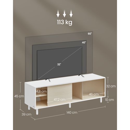 Meuble TV Pour TV Jusqu'à 60 Pouces, Montage Rapide Toolless, 140 X 39 X 45 Cm, Blanc Et Beige