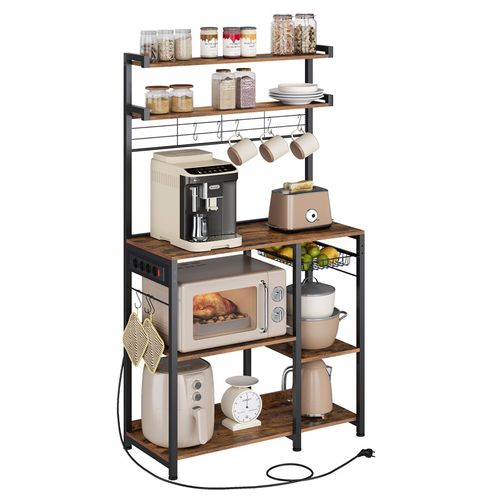 Étagère Cuisine Avec Prise De Courant, 4 Prises Ca, Étagères Réglables, Marron Rustique Et Noir