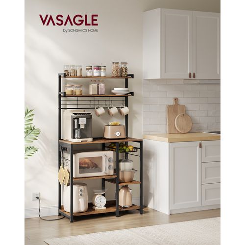 Étagère Cuisine Avec Prise De Courant, 4 Prises Ca, Étagères Réglables, Marron Rustique Et Noir