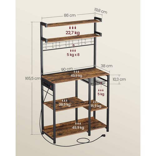 Étagère Cuisine Avec Prise De Courant, 4 Prises Ca, Étagères Réglables, Marron Rustique Et Noir