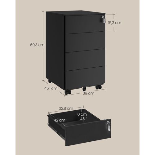 Caisson De Bureau Mobile, Verrouillable, Avec 4 Tiroirs, Pré-assemblé, 45,1 X 39 X 69,3 Cm, Noir