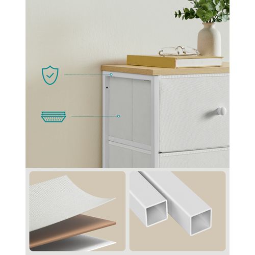 Commode, Colonne De Rangement En Tissu Avec 5 Tiroirs, Cadre En Métal, Jaune Camel Et Blanc Crème
