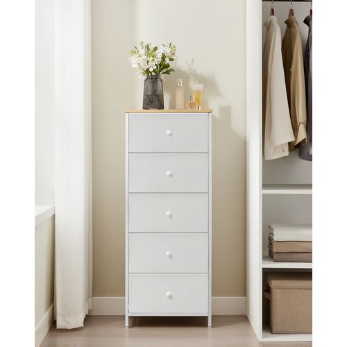 Commode, Colonne De Rangement En Tissu Avec 5 Tiroirs, Cadre En Métal, Jaune Camel Et Blanc Crème