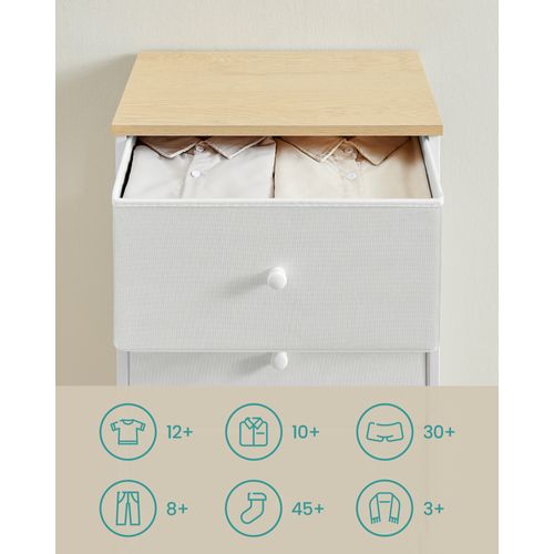 Commode, Colonne De Rangement En Tissu Avec 5 Tiroirs, Cadre En Métal, Jaune Camel Et Blanc Crème