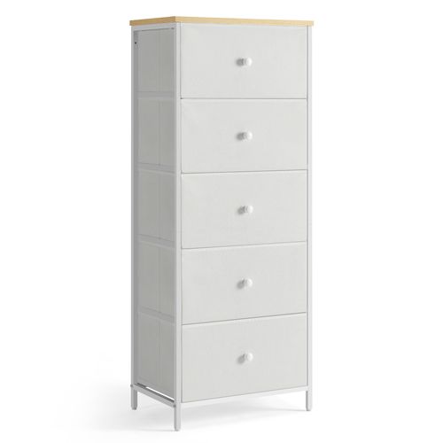 Commode, Colonne De Rangement En Tissu Avec 5 Tiroirs, Cadre En Métal, Jaune Camel Et Blanc Crème