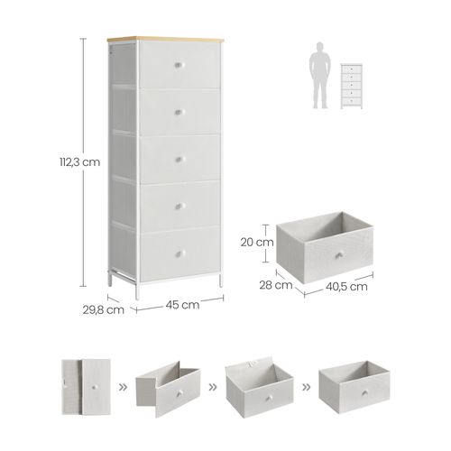 Commode, Colonne De Rangement En Tissu Avec 5 Tiroirs, Cadre En Métal, Jaune Camel Et Blanc Crème