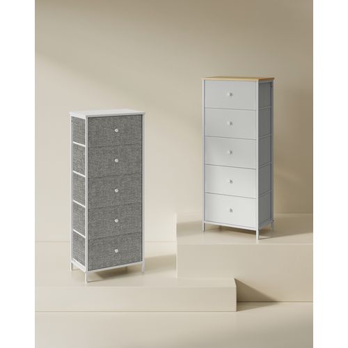 Commode, Colonne De Rangement En Tissu Avec 5 Tiroirs, Cadre En Métal, Jaune Camel Et Blanc Crème