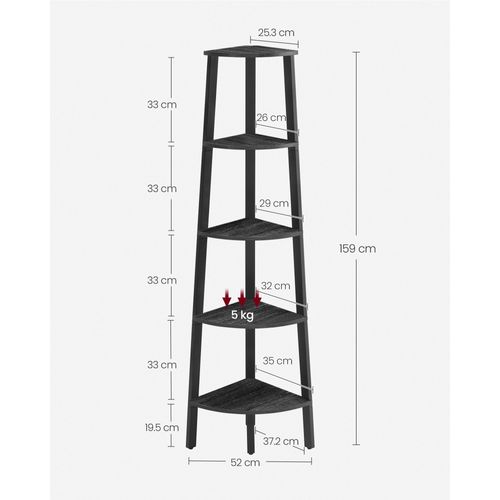 Étagère D'angle, Bibliothèque 5 Niveaux, Style Industriel, Gris Anthracite Et Noir Mat